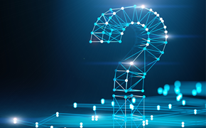 Häufige Fragen blau leuchtende Punkte sind zu einem Fragezeichen miteinander verbunden