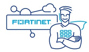 Fortinet Blaues Piktogramm mit dem Fortinet Logo und einem Superhelden