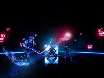enSecure Cybersicherheit Drei blau beleuchtete Eishockeyspieler in einer allähnlichen Umgebung, der Puck sowie böse schauende Gesichter im Hintergrund sind neonrot hervorgehoben