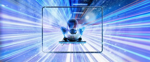 Geschäftskundenprodukte Rennrodler liegend auf seinem Brett mit blaue projiziertem Hintergrund