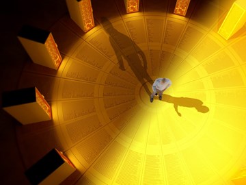 enManaged Datacenter Ein Mann befindet sich im Zentrum eines Kreises, umgeben von Serverschränken, die in ein strahlend gelbes Licht getaucht sind