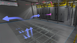 Serverraum mit Luftstromführung Serverraum mit farbigen Pfeilen zur Darstellung von Luftströmungen und sichtbarer Deckenverkabelung