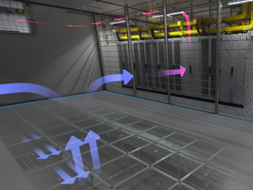 Serverraum mit Luftstromführung Serverraum mit farbigen Pfeilen zur Darstellung von Luftströmungen und sichtbarer Deckenverkabelung