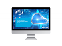 Datacenter Cloud-Webcast enviaTEL Ein Bildschirm mit einer blauen Wolke, die die Cloud darstellen soll, einem Kästchen mit dem Webcast-Thema und dem Logo der envia TEL