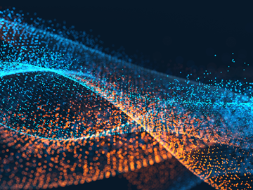 Externes Datenmanagement Blaue und orangefarbene digitale Linien, bestehend aus Partikeln