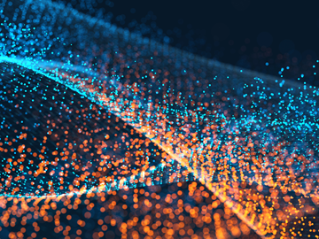 Externes Datenmanagement Blaue und orangefarbene digitale Linien, bestehend aus Partikeln