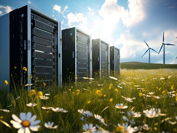 Die Zukunft des Datenmanagements Serverschränke stehen auf einer Wiese, im Hintergrund sind Windkrafträder zu sehen