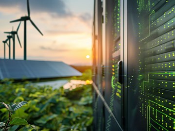 Energieeffiziente Rechenzentren Serverschrank mit LEDs, im Hintergrund Windkrafträder und Solarpaneele